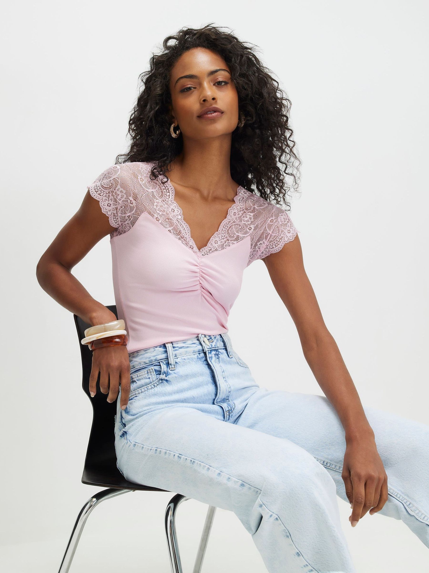 Buy River Island Pink Short Sleeve Lace Trim Ruched Top from Next USA
