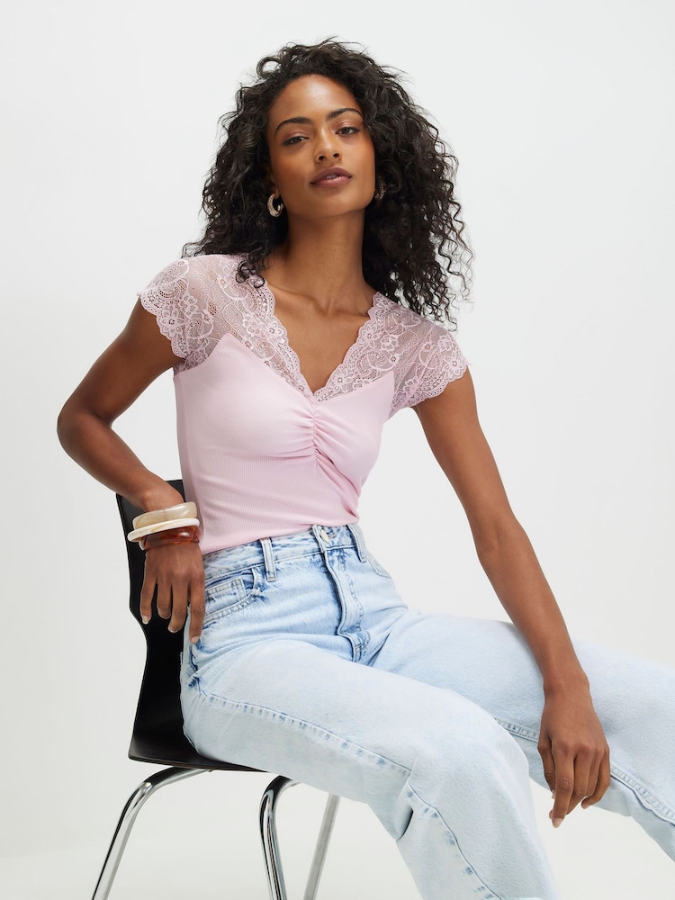 River Island Pink Short Sleeve Lace Trim Ruched Top - Image 1 of 4 River Island Pink Short Sleeve Lace Trim Ruched Top - Image 1 of 4