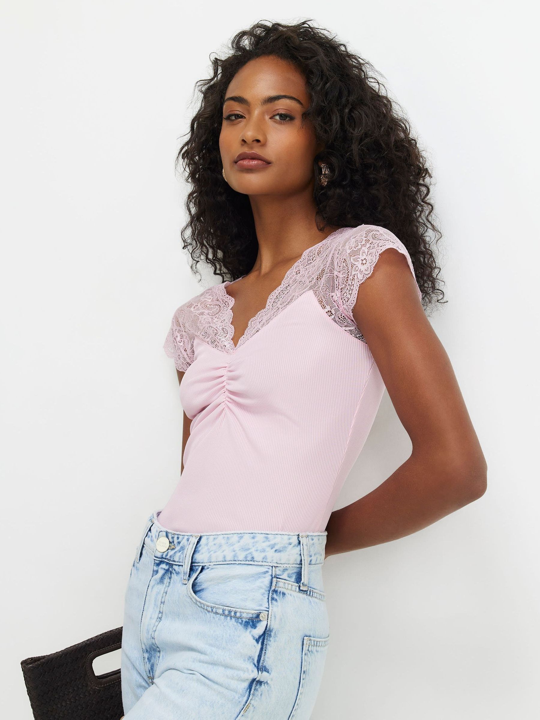 Buy River Island Pink Short Sleeve Lace Trim Ruched Top from Next USA