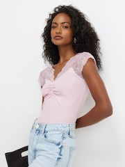 River Island Pink Short Sleeve Lace Trim Ruched Top - Image 3 of 4