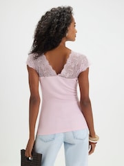 River Island Pink Short Sleeve Lace Trim Ruched Top - Image 4 of 4
