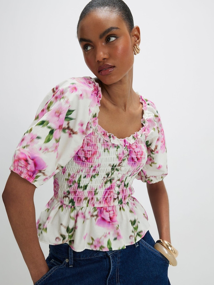 River Island White Floral Puff Sleeve Shirred Top - Image 1 of 4 River Island White Floral Puff Sleeve Shirred Top - Image 1 of 4
