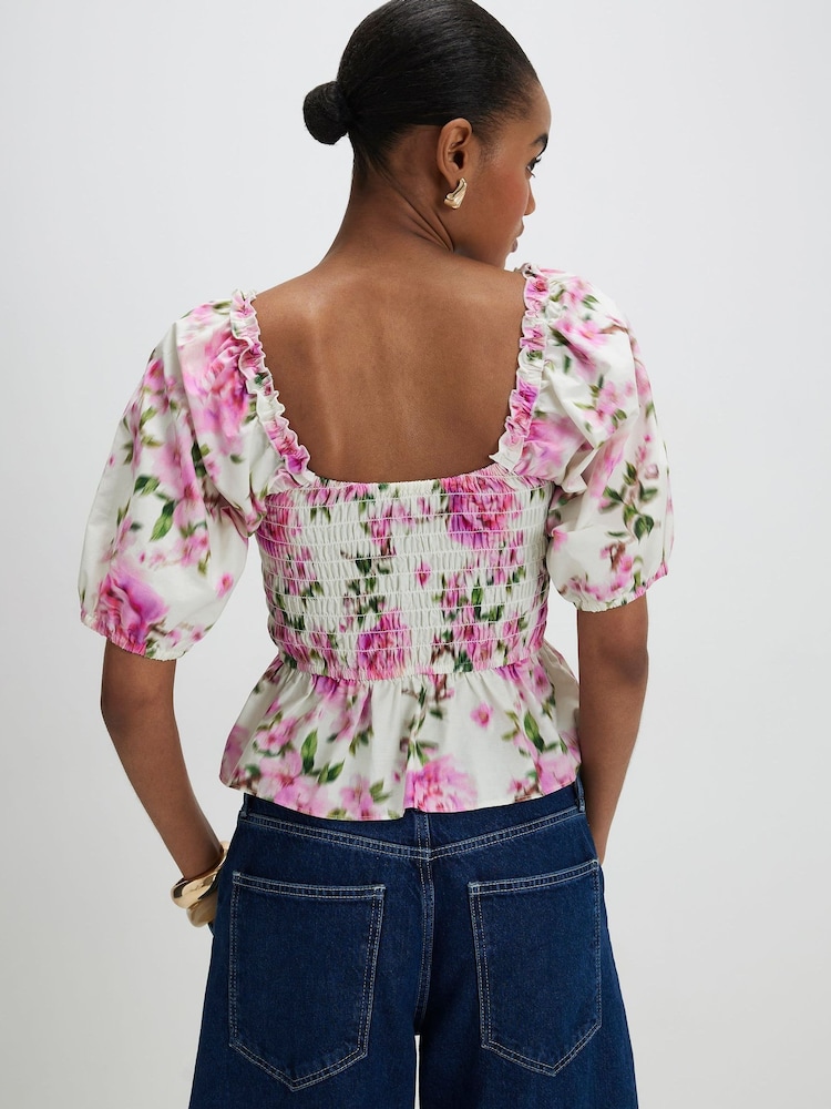 River Island White Floral Puff Sleeve Shirred Top - Image 2 of 4 River Island White Floral Puff Sleeve Shirred Top - Image 2 of 4