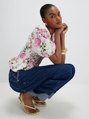 River Island White Floral Puff Sleeve Shirred Top - Image 4 of 4