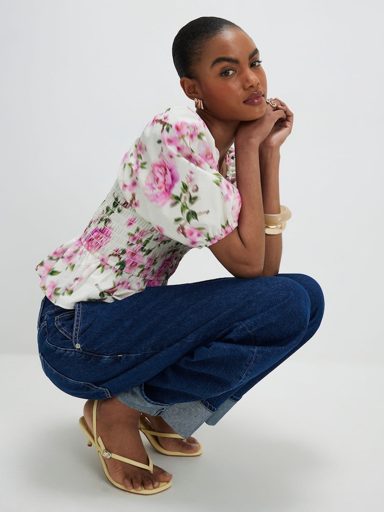 River Island White Floral Puff Sleeve Shirred Top - Image 4 of 4 River Island White Floral Puff Sleeve Shirred Top - Image 4 of 4