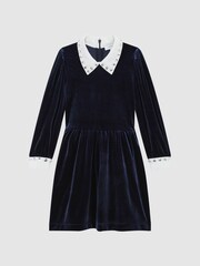 Reiss Navy Riley Junior Diamante Collar Velvet Dress - Image 2 of 7