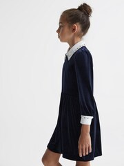 Reiss Navy Riley Junior Diamante Collar Velvet Dress - Image 4 of 7