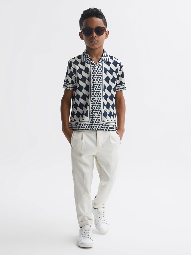 Reiss Navy/Ivory Devaroe Junior Cuban Collar Short Sleeve Shirt - Image 1 of 7