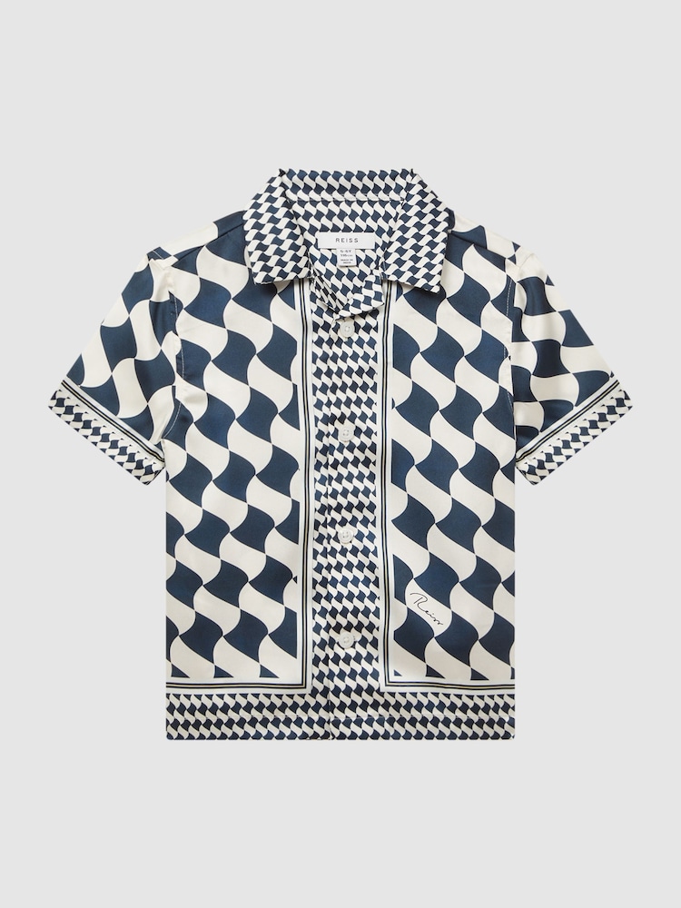 Reiss Navy/Ivory Devaroe Junior Cuban Collar Short Sleeve Shirt - Image 2 of 7