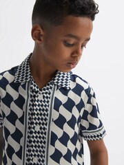 Reiss Navy/Ivory Devaroe Junior Cuban Collar Short Sleeve Shirt - Image 6 of 7