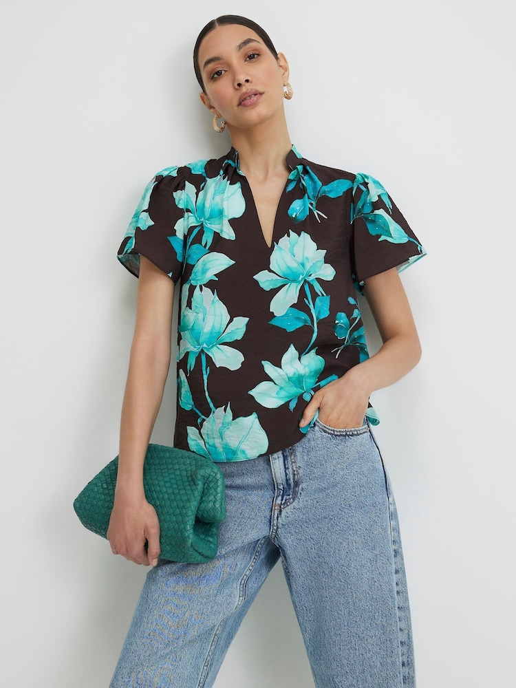 River Island Brown Floral Short Sleeve Notch Neck Blouse - Image 1 of 4