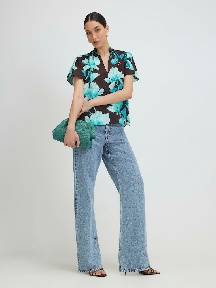 River Island Brown Floral Short Sleeve Notch Neck Blouse - Image 2 of 4