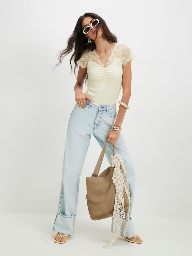 River Island Yellow Short Sleeve Lace Trim Ruched Top - Image 1 of 4 River Island Yellow Short Sleeve Lace Trim Ruched Top - Image 1 of 4