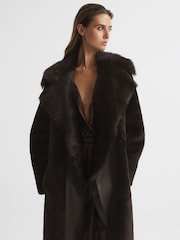 Reiss Dark Aubergine Dana Reversible Longline Shearling Coat - Image 1 of 8
