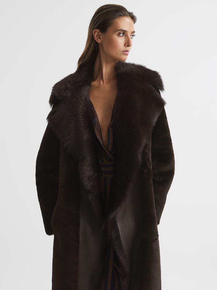 Reiss Dark Aubergine Dana Reversible Longline Shearling Coat - Image 1 of 8