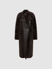 Reiss Dark Aubergine Dana Reversible Longline Shearling Coat - Image 2 of 8