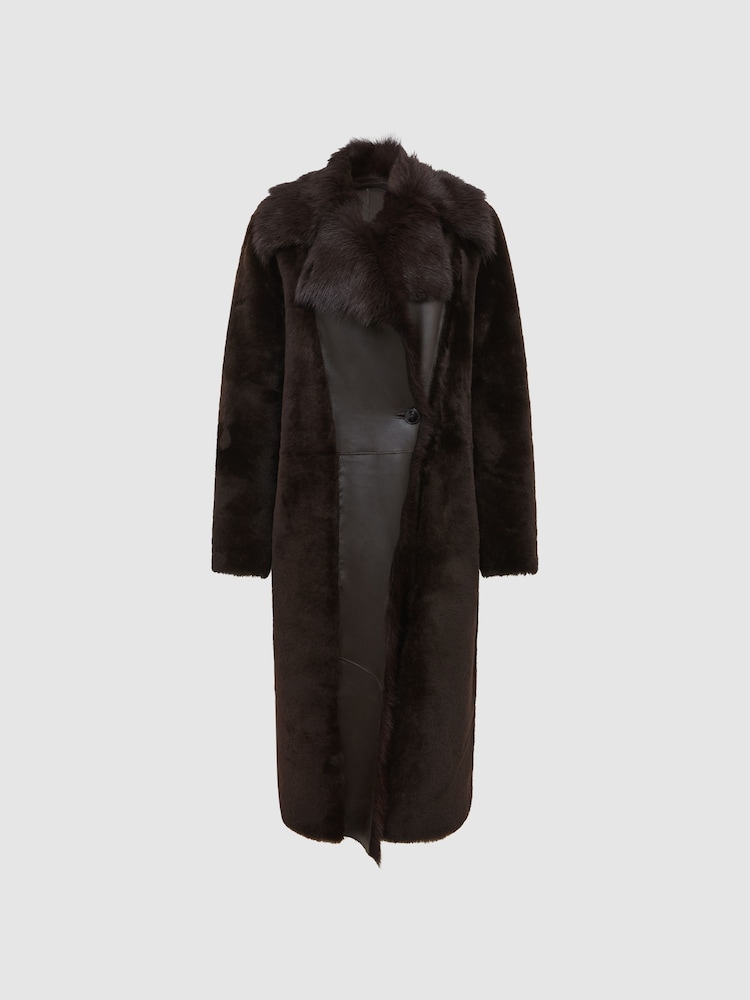 Reiss Dark Aubergine Dana Reversible Longline Shearling Coat - Image 2 of 8