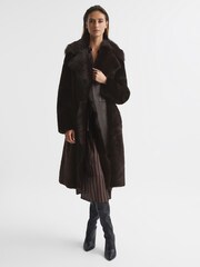 Reiss Dark Aubergine Dana Reversible Longline Shearling Coat - Image 3 of 8
