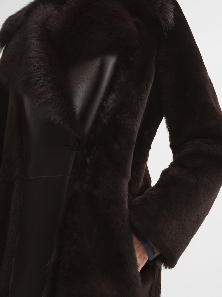 Reiss Dark Aubergine Dana Reversible Longline Shearling Coat - Image 8 of 8