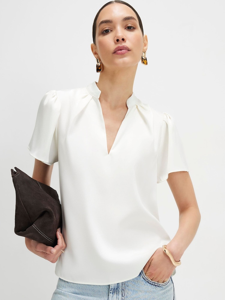 River Island White Short Sleeve Satin Notch Neck Blouse - Image 1 of 4