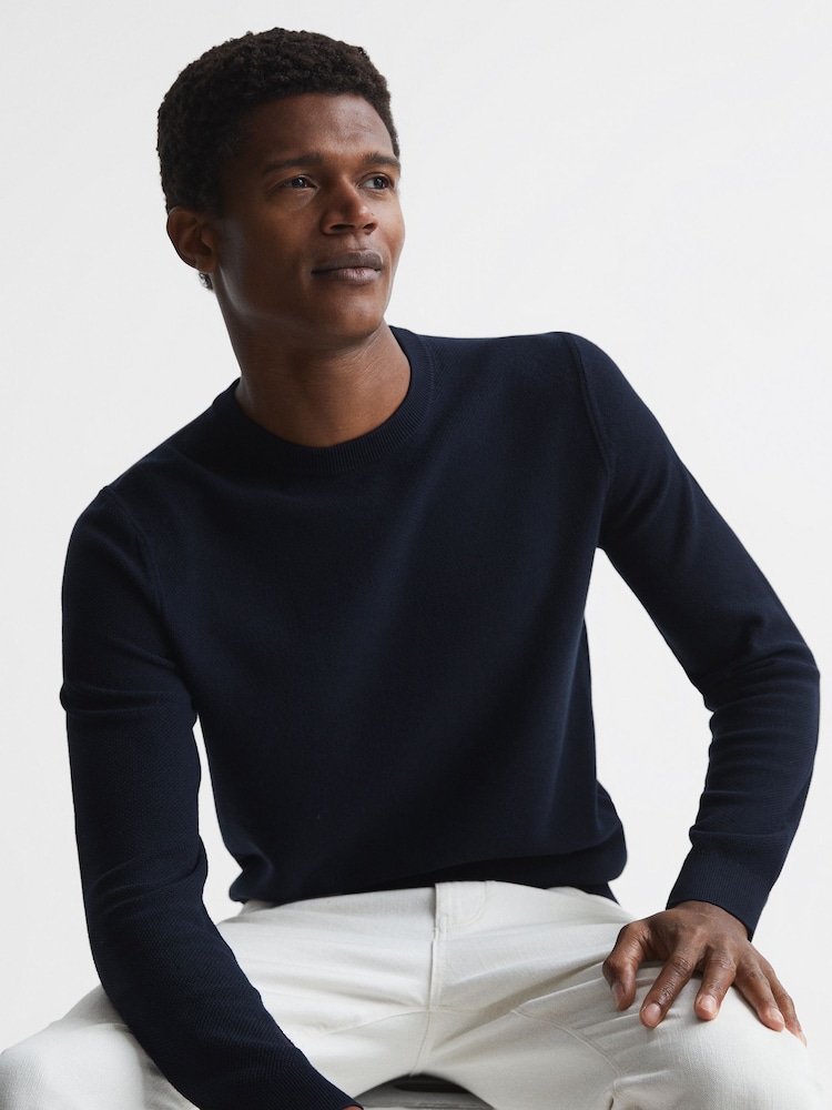 Reiss Navy Brookes Stitch Interest Crew Neck Jumper - Image 1 of 6