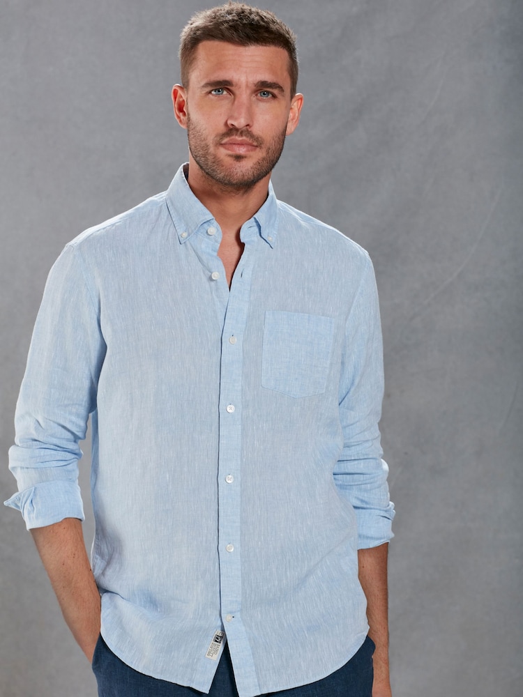 Blue Slim Fit Signature Baird McNutt Irish 100% Linen Trimmed Oxford Shirt - Image 1 of 12