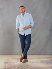 Blue Slim Fit Signature Baird McNutt Irish 100% Linen Trimmed Oxford Shirt - Image 2 of 12