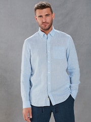 Blue Slim Fit Signature Baird McNutt Irish 100% Linen Trimmed Oxford Shirt - Image 5 of 12