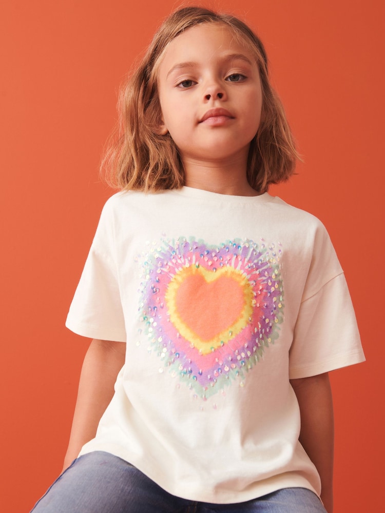 Ecru White Sequin Tie Dye Heart T-Shirt (3-16yrs) - Image 1 of 1