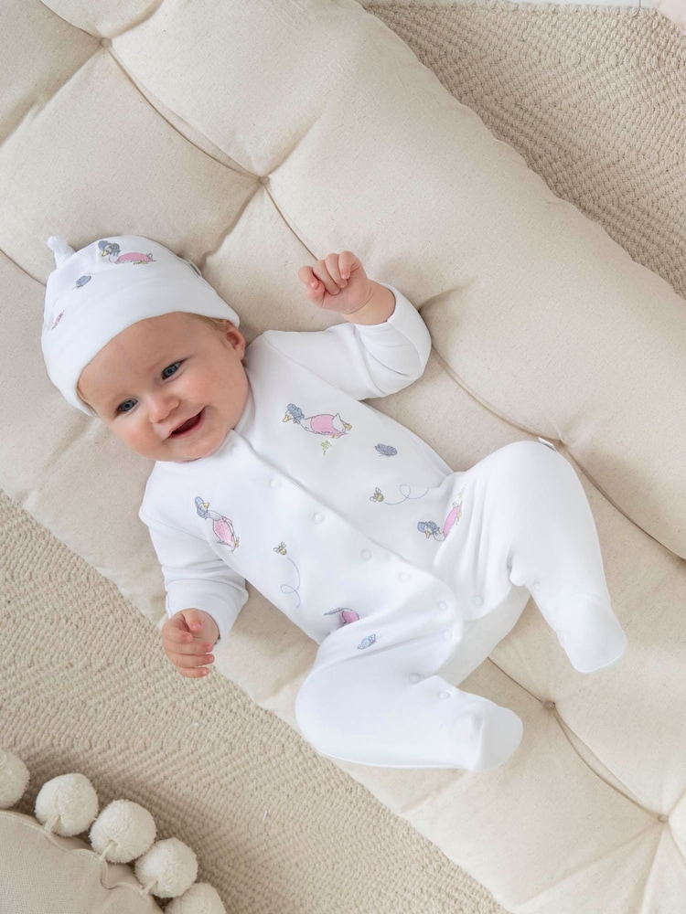 JoJo Maman Bébé White Jemima Puddle-Duck Cotton Baby Sleepsuit & Hat Set - Image 1 of 6