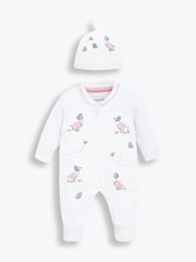 JoJo Maman Bébé White Jemima Puddle-Duck Cotton Baby Sleepsuit & Hat Set - Image 4 of 6
