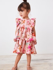 Pink Floral Tiered Ponte Occasion Dress (3mths-7yrs) - Image 1 of 6