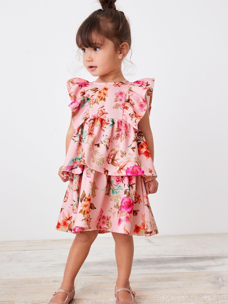 Pink Floral Tiered Ponte Occasion Dress (3mths-7yrs) - Image 1 of 6