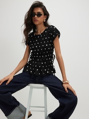 River Island Black Short Sleeve Shirred Polka Dot Top - Image 1 of 4