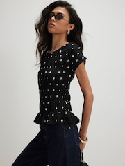 River Island Black Short Sleeve Shirred Polka Dot Top - Image 2 of 4