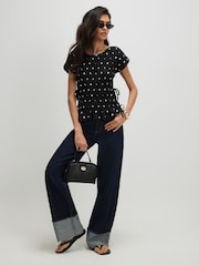 River Island Black Short Sleeve Shirred Polka Dot Top - Image 3 of 4