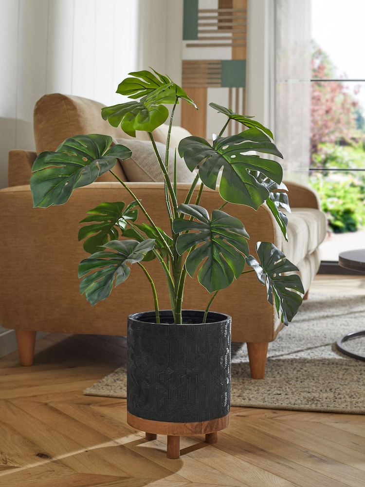 Green Artificial Monstera Plant In Black Bronx Planter - Image 1 of 3