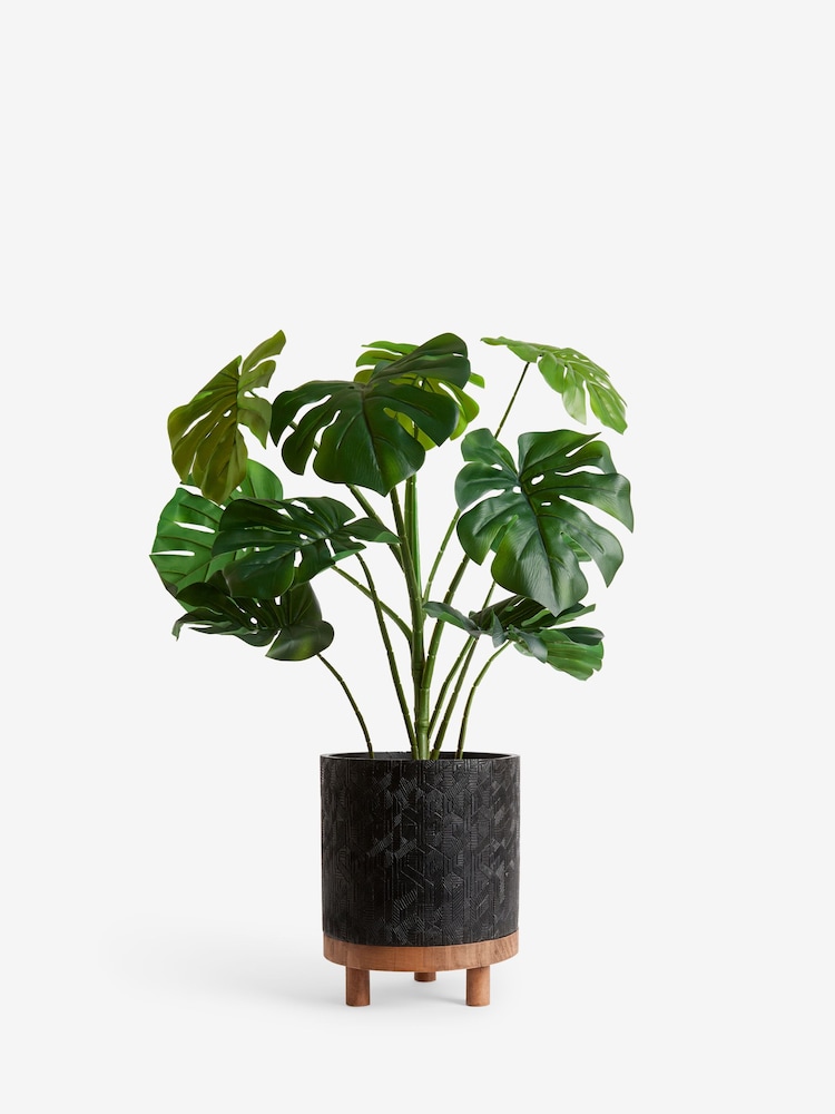 Green Artificial Monstera Plant In Black Bronx Planter - Image 3 of 3