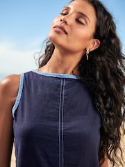 Navy Blue Contrast Sleeveless Linen Blend Mini Shift Dress - Image 3 of 5