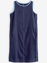 Navy Blue Contrast Sleeveless Linen Blend Mini Shift Dress - Image 5 of 5
