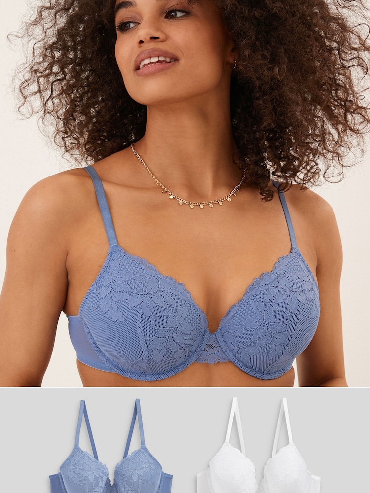 White/Blue Pad Full Cup Lace Bras 2 Pack - Image 1 of 14