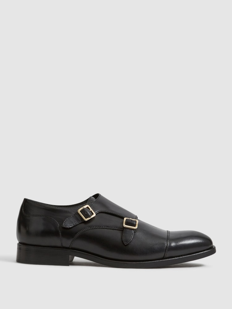 Reiss Black Rivington Leather Monk Strap Shoes - Image 1 of 6