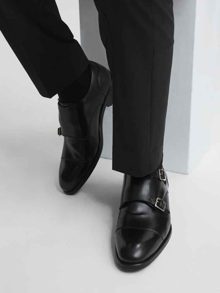 Reiss Black Rivington Leather Monk Strap Shoes - Image 2 of 6