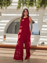 Rot - Ärmelloser Häkel-Jumpsuit mit weitem Bein - Bild 1 von 1