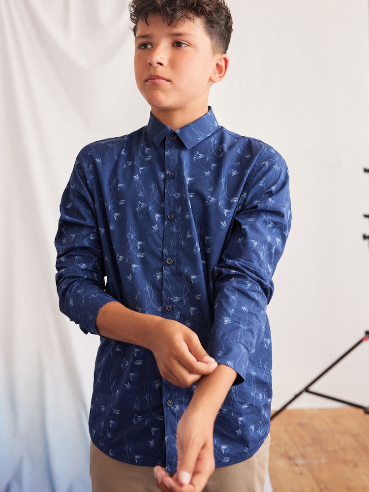 Navy Blue Long Sleeve Smart Printed Shirt (3-16yrs) - Image 1 of 7 Navy Blue Long Sleeve Smart Printed Shirt (3-16yrs) - Image 1 of 7