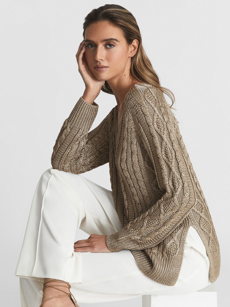 Reiss Gold Vanessa V-Neck Cable Knit Jumper - Image 1 of 7