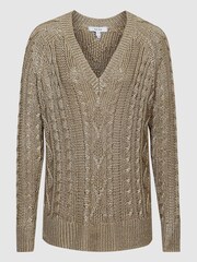 Reiss Gold Vanessa V-Neck Cable Knit Jumper - Image 2 of 7