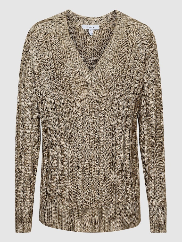 Reiss Gold Vanessa V-Neck Cable Knit Jumper - Image 2 of 7
