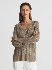 Reiss Gold Vanessa V-Neck Cable Knit Jumper - Image 4 of 7
