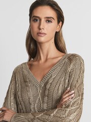 Reiss Gold Vanessa V-Neck Cable Knit Jumper - Image 7 of 7